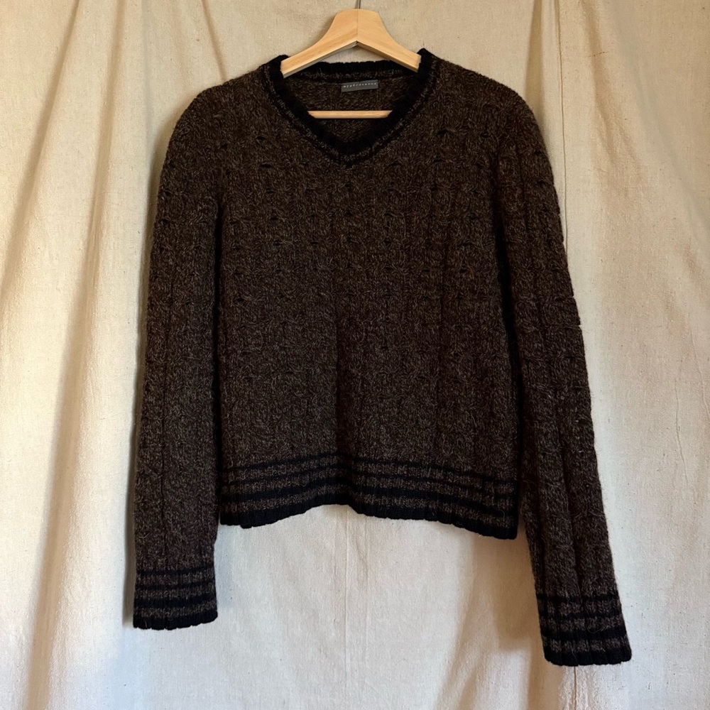 Lovely Brown Wool V-Neck Sweater with Black Accents by Nygardsanna